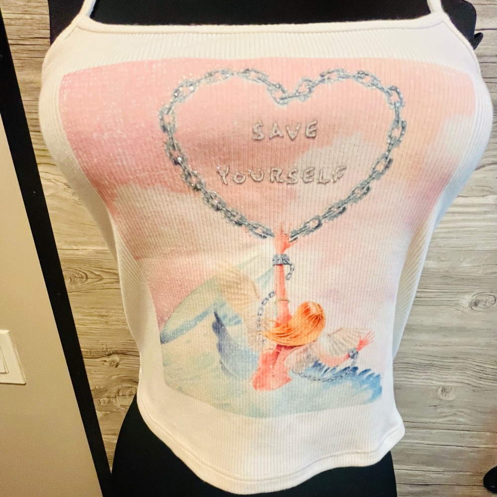 NWT Boys Lie White Ribbed Tank Top Size M/L Crop Top Rhinestone adjustable strap - Picture 12 of 14